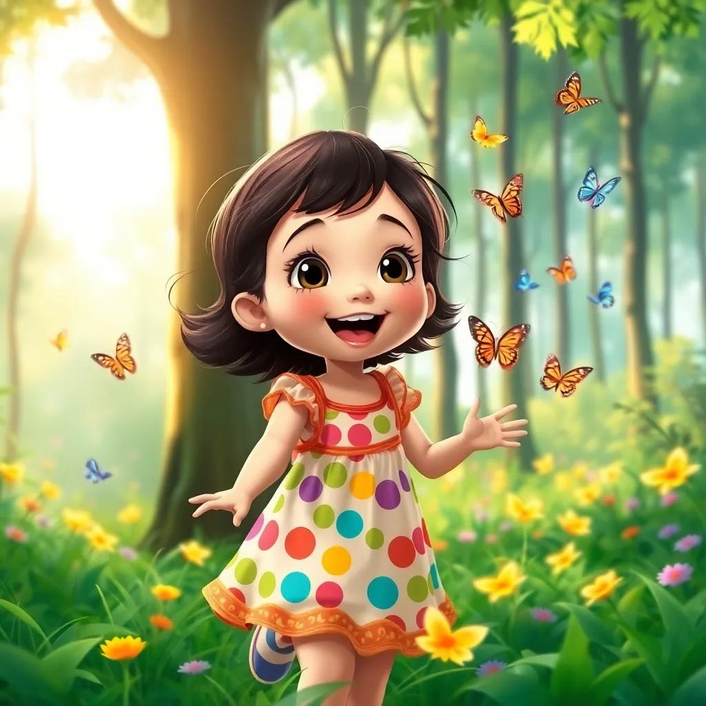 A joyful little girl, تويا, with dark brown hair, wearing a colorful dress, chasing colorful butterflies in a vibrant green forest filled with tall trees, detailed digital art, bright and cheerful, lively atmosphere, high quality
