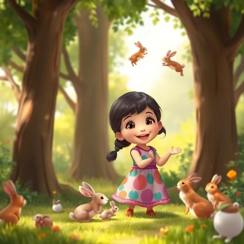 Toiya, a joyful little girl with dark brown hair in a colorful dress, playing with small rabbits and watching squirrels jumping between the trees, surrounded by light and welcoming nature, illustration, fun and engaging, child-friendly, high quality