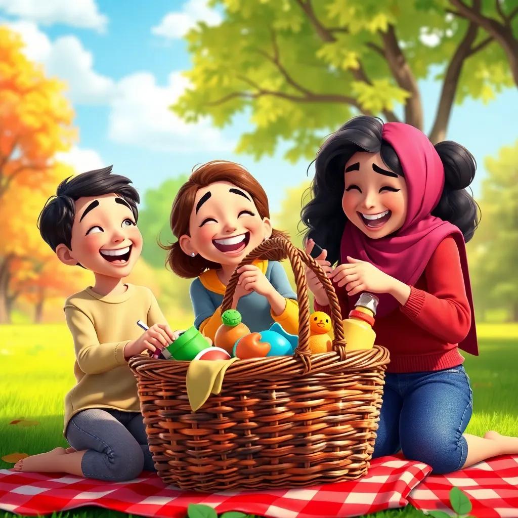Three friends, me, Derham, and Hena, laughing together while packing a picnic basket with sandwiches and toys, colorful background of trees and sky, digital art, cheerful atmosphere, vibrant colors, inviting scene, high quality