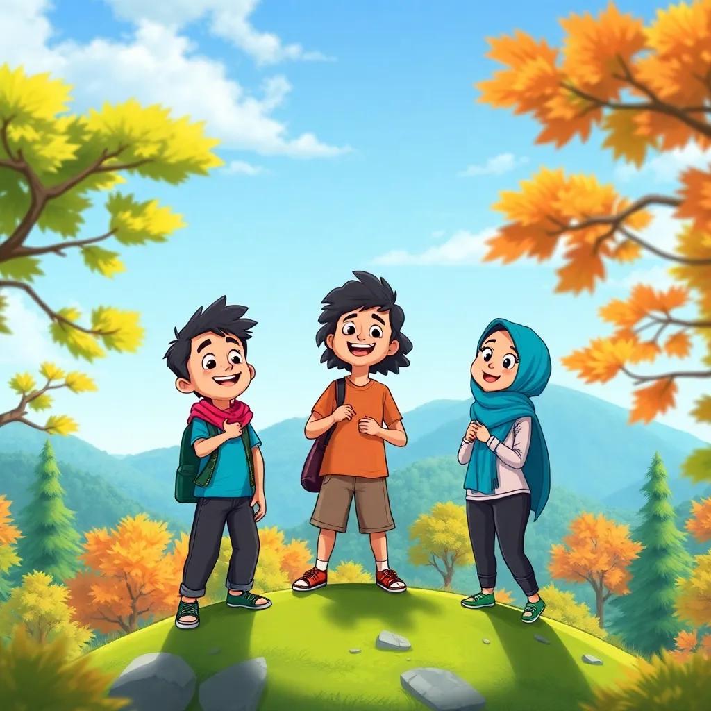 The three friends, me, Derham, and Hena, standing at the top of a green mountain, surrounded by vibrant trees and a blue sky, playing a game, joyful expressions, illustration, bright colors, adventure theme, high quality