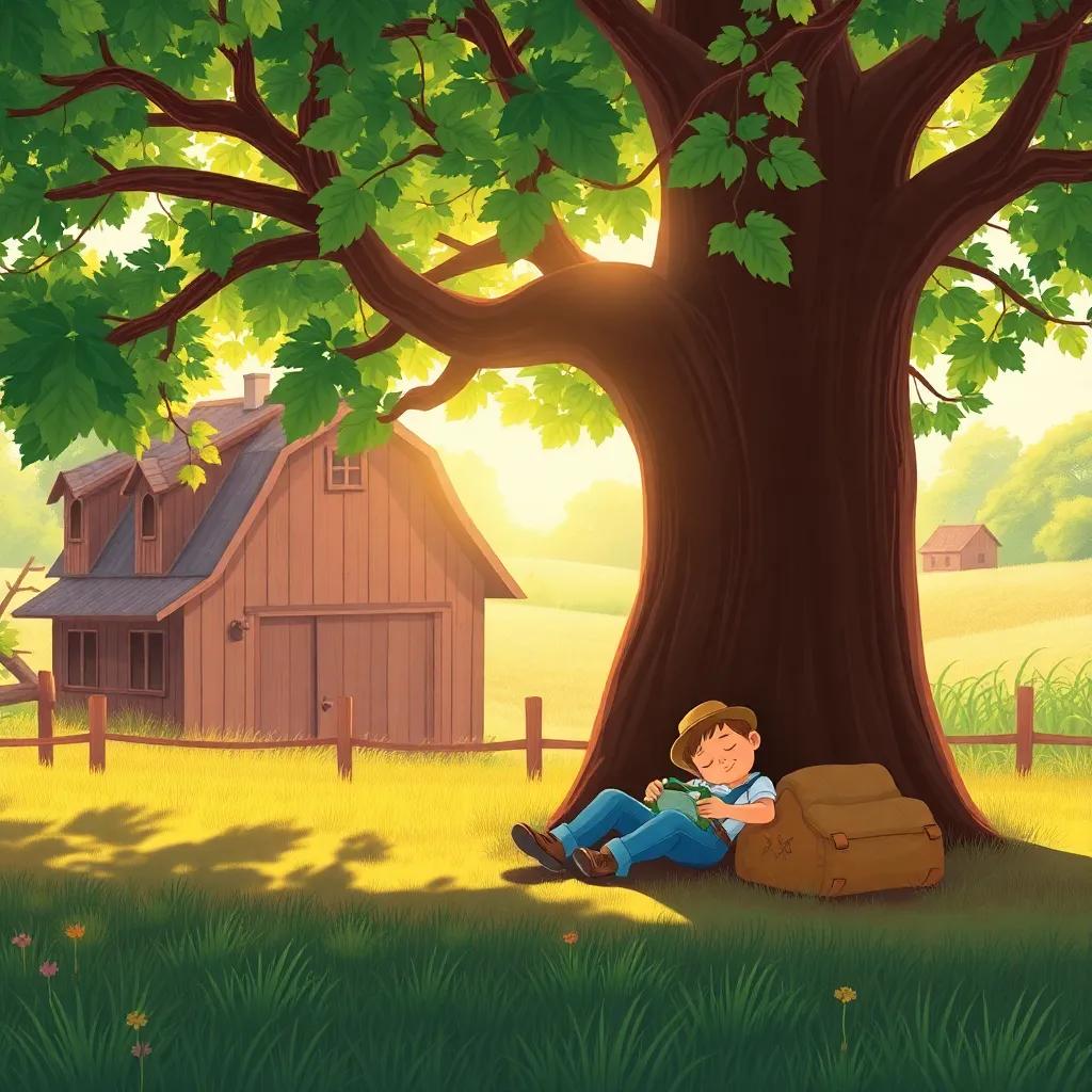 A peaceful farm with a big tree and a sleepy farmer taking a nap, soft sunlight filtering through the leaves, illustration style, cheerful, bright colors, warm light, inviting atmosphere, high quality