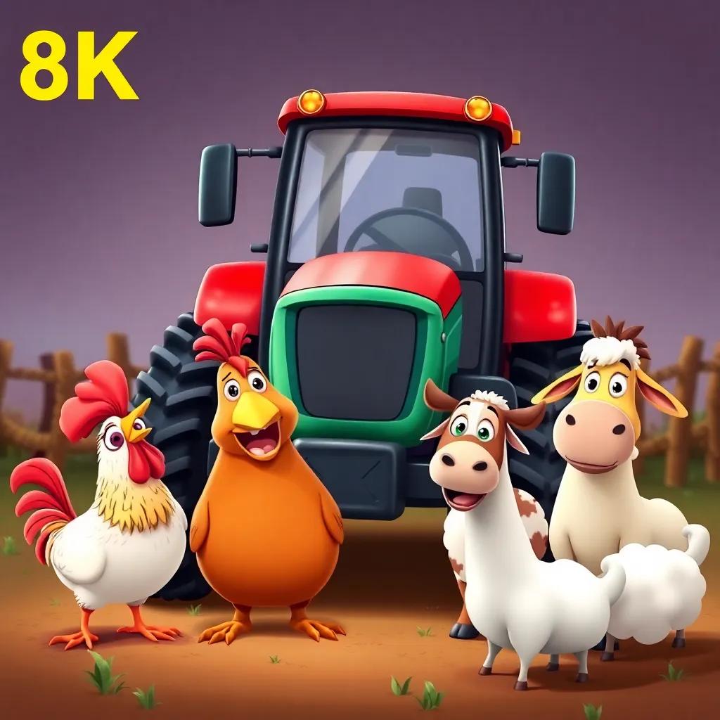 A group of farm animals around a big tractor making funny noises, a chicken, a horse, and a sheep all mimicking tractor sounds, cartoonish style, colorful, playful, energetic vibe, high quality