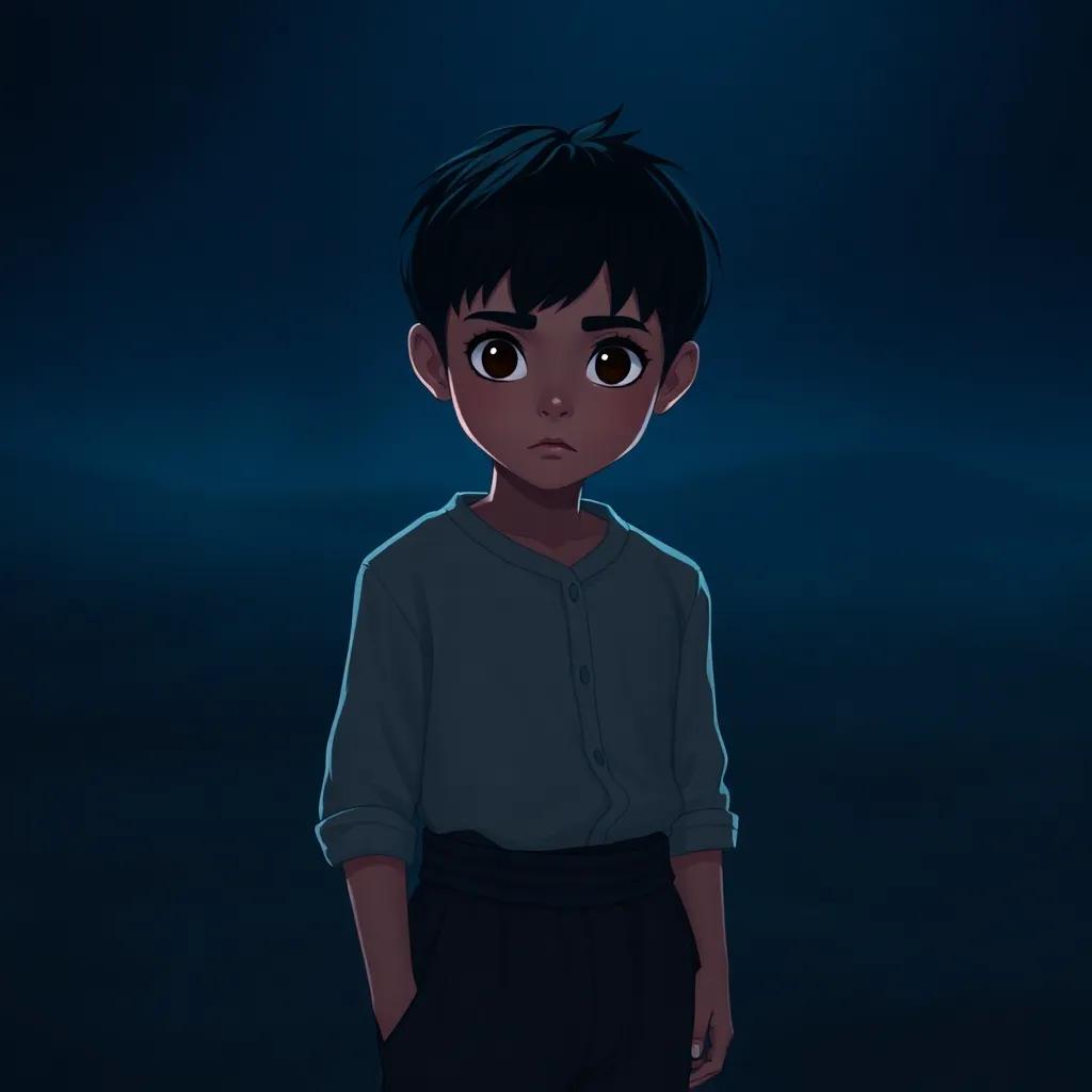 A brave young boy, Jaafar, with short black hair, wearing a simple shirt and pants, looking curious and confident in a dark, empty landscape, digital art, mysterious atmosphere, dimly lit, high quality