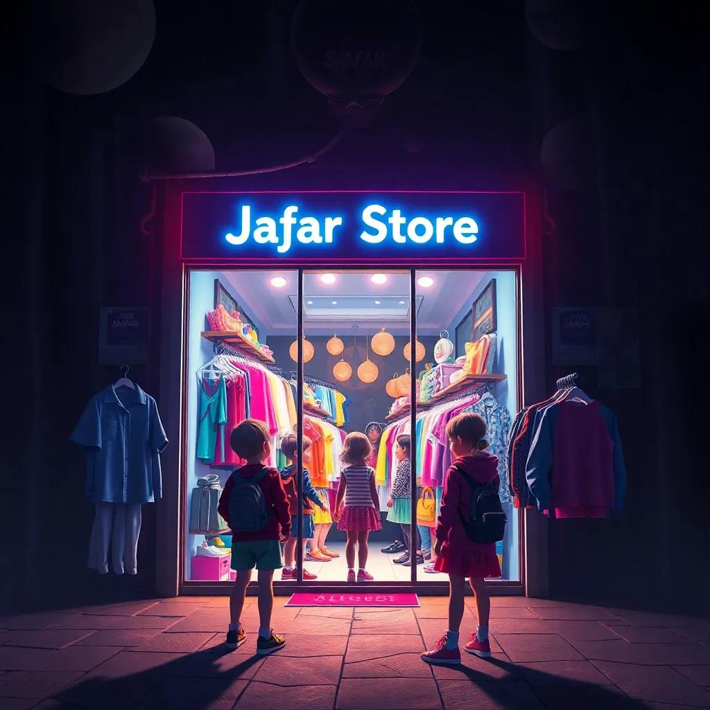 Jaafar Store in a dark world, bright lights shining from the shop, showcasing colorful and innovative clothes, young kids excitedly choosing outfits, cheerful atmosphere, vibrant colors, inviting, high quality