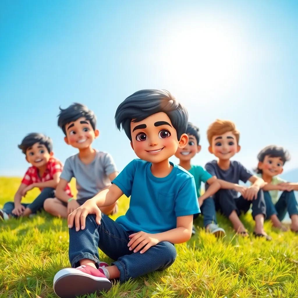 A young Arab boy, Omar, with short black hair, wearing a blue t-shirt and jeans, sitting on a grassy hill with his friends, under a sunny sky, playful atmosphere, digital art, bright colors, cheerful, high quality