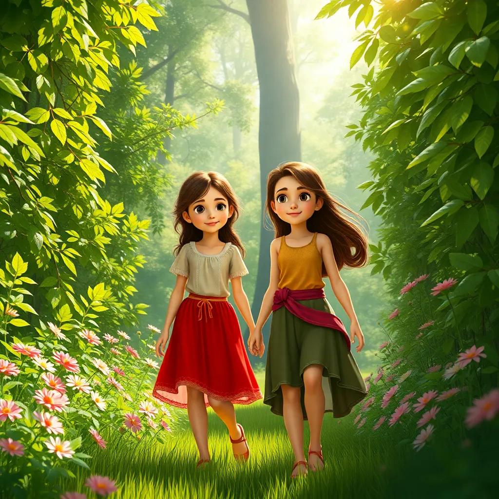 Two beautiful sisters, Janna and Dana, walking into a lush green forest, sunlight filtering through the leaves, vibrant flowers around them, cheerful atmosphere, exciting scene, detailed digital art
