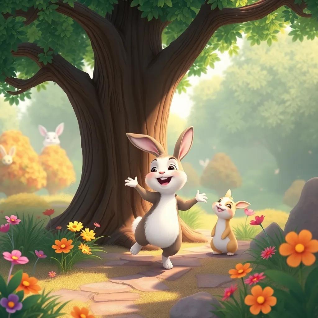 A small, playful rabbit, Arnoob, dancing under a big tree with Janna and Dana nearby, laughter in the air, colorful flowers and trees, whimsical style, happy vibes, illustration