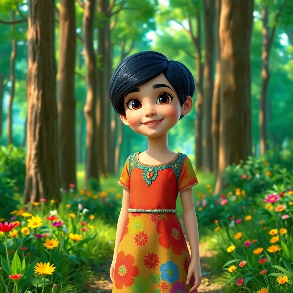 A young Arab girl, Jood, with short black hair wearing a colorful dress, standing in a bright green forest, surrounded by tall trees and colorful flowers, cheerful atmosphere, digital art, vibrant colors, high quality