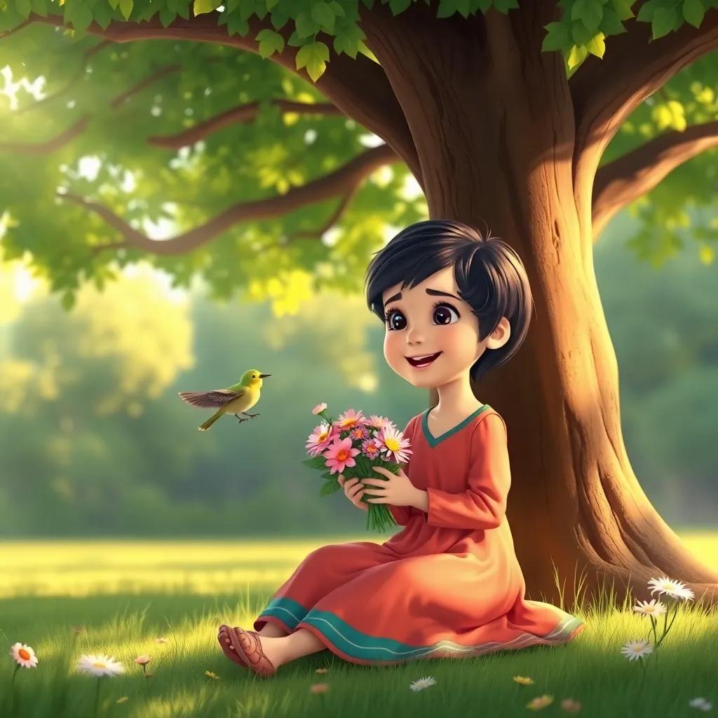 Jood, a young Arab girl with short black hair in a colorful dress sitting under a big tree, holding beautiful flowers in her hands, with a small bird approaching her, bright sunlight streaming through the leaves, joyful scene, illustration, warm colors, cheerful ambiance