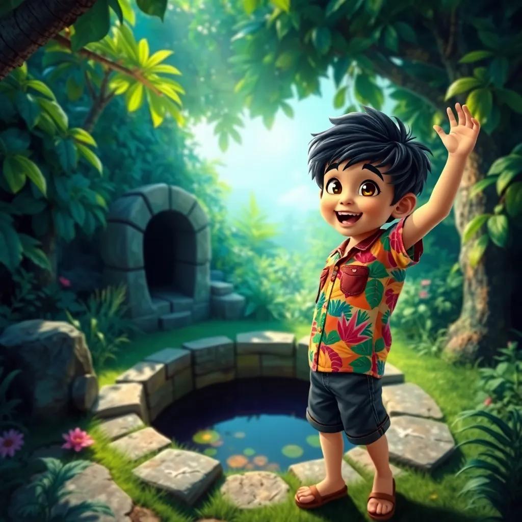 A young boy, Joud, with dark hair, wearing a colorful shirt and shorts, excitedly standing by a mysterious deep well in a green garden with sun shining, digital art, vibrant colors, adventurous atmosphere, high quality
