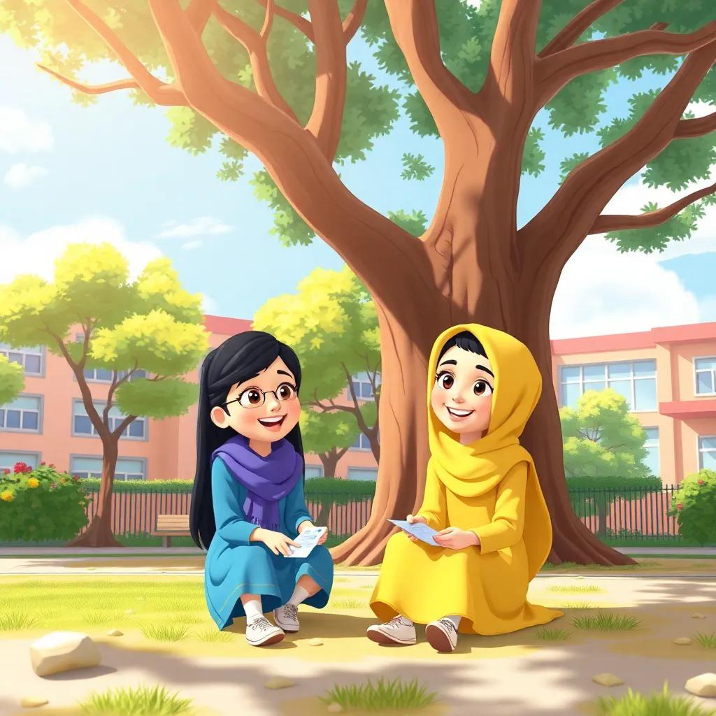 Two girls, Jood and Malak, sitting under a big tree on a sunny schoolyard, smiling and talking about math, cheerful atmosphere, bright colors, high quality
