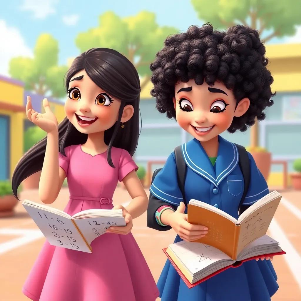 Two girls, Jood with long dark hair in a pink dress, and Malak with curly hair in a blue uniform, joyfully counting numbers and calculating, engaging with math books, vibrant schoolyard background, playful expressions, lively scene.