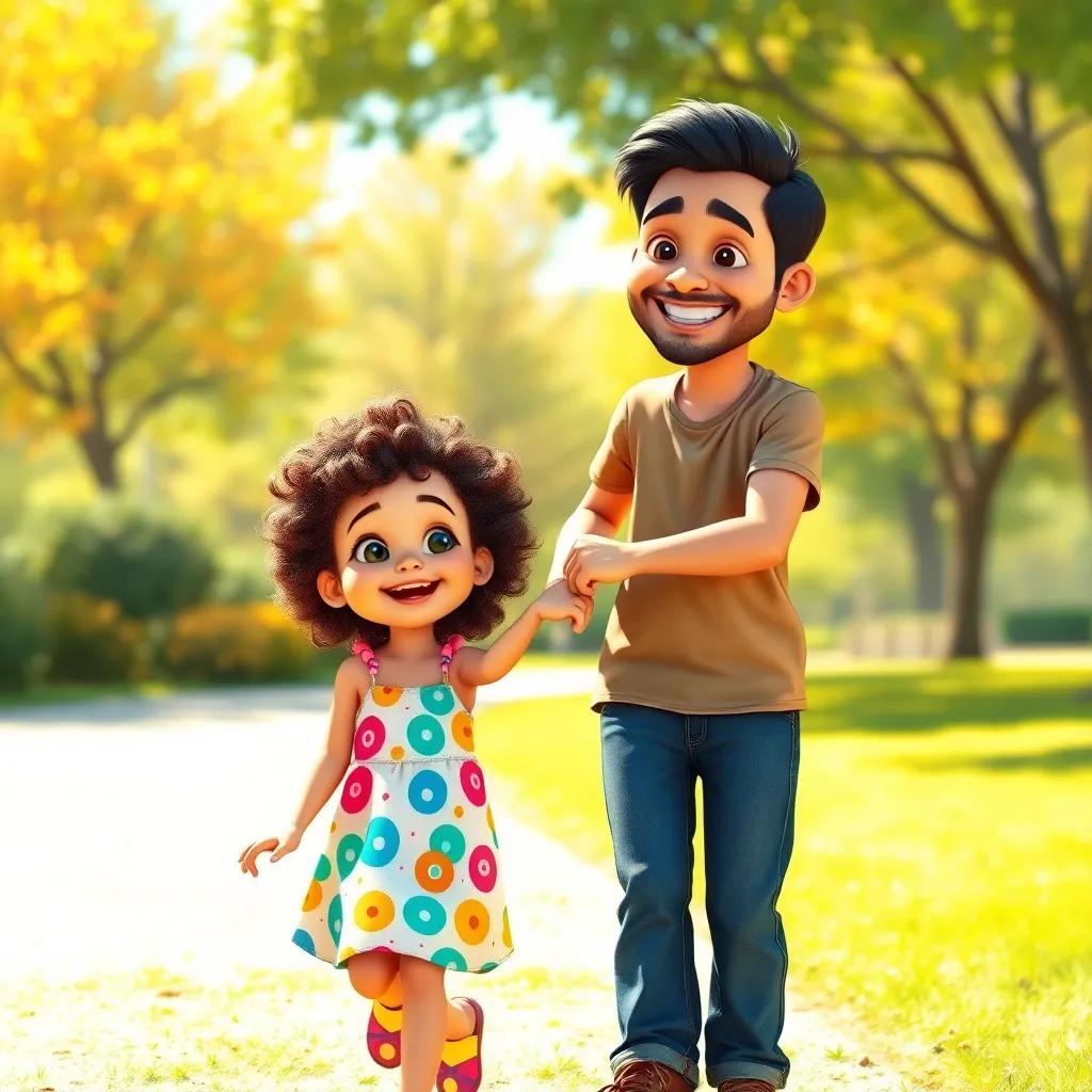 A young beautiful girl, Jouri, with curly hair, wearing a colorful sundress, happily playing in a sunny park with her father, Muhammad, who has dark hair and is dressed casually, smiling and holding her hand, bright and cheerful atmosphere, digital art, vibrant colors, family time, high quality