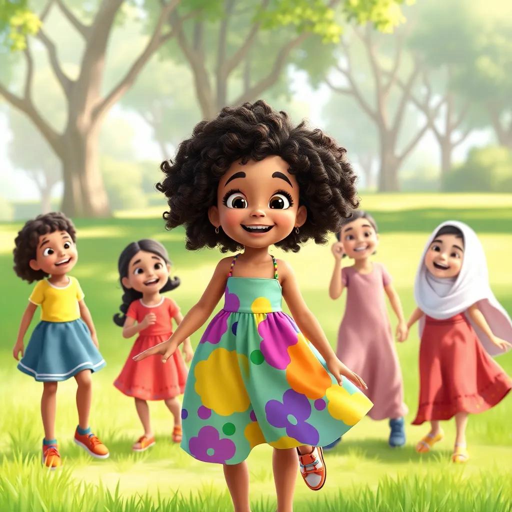 Jouri, a young beautiful girl with curly hair in a colorful sundress, playing in the park with her friends, Raghad, Rahma, and Waad, all laughing and having fun, bright green grass and trees in the background, illustration, lively, joyful, child-friendly
