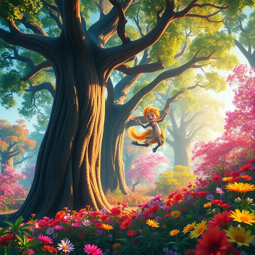 A magical forest filled with vibrant colors and huge trees, Lamu the jinn flying joyfully between the branches, bright flowers blooming, sunny day, digital art, cheerful atmosphere, high quality