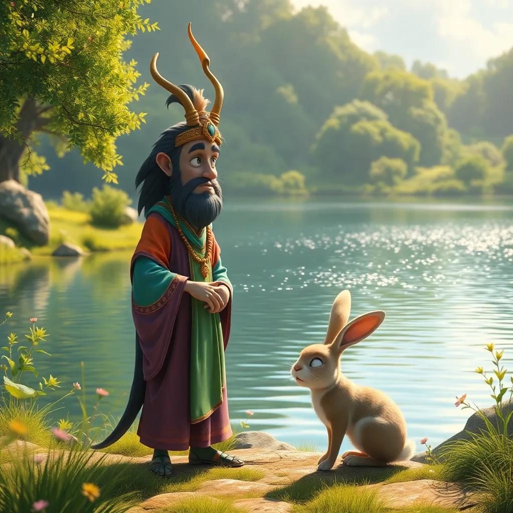 Lamu the jinn, a curious figure with colorful flowing clothes, standing by a large shimmering lake, talking to a sad rabbit, surrounded by lush greenery, bright sunlight, friendly and supportive vibe, illustration, colorful, heartwarming