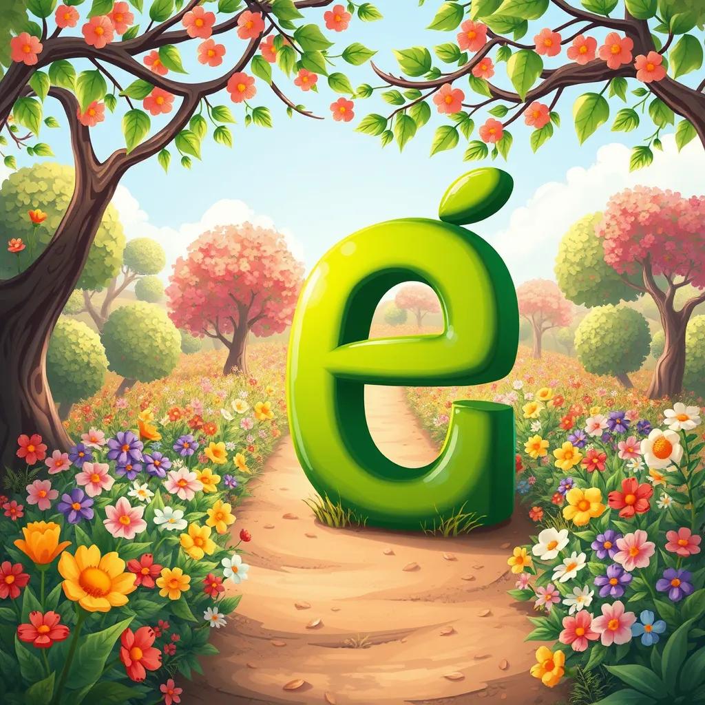 A vibrant green letter 'م' in a beautiful orchard, full of colorful flowers and trees, with playful letters around it, digital art, bright and cheerful atmosphere, child-friendly