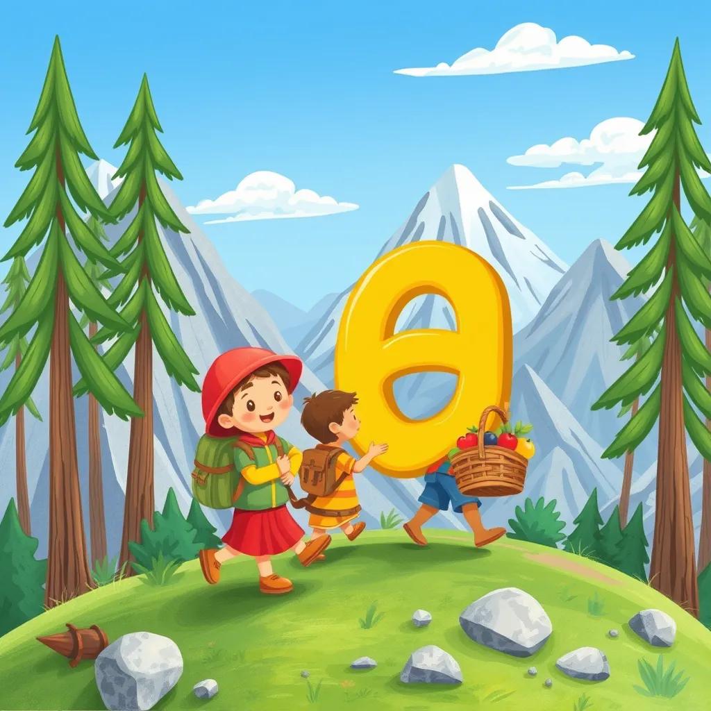 The letter 'م' exploring high mountains with friends, carrying a basket of colorful fruits, scenery of tall trees and blue sky, illustration, adventurous theme, child-friendly