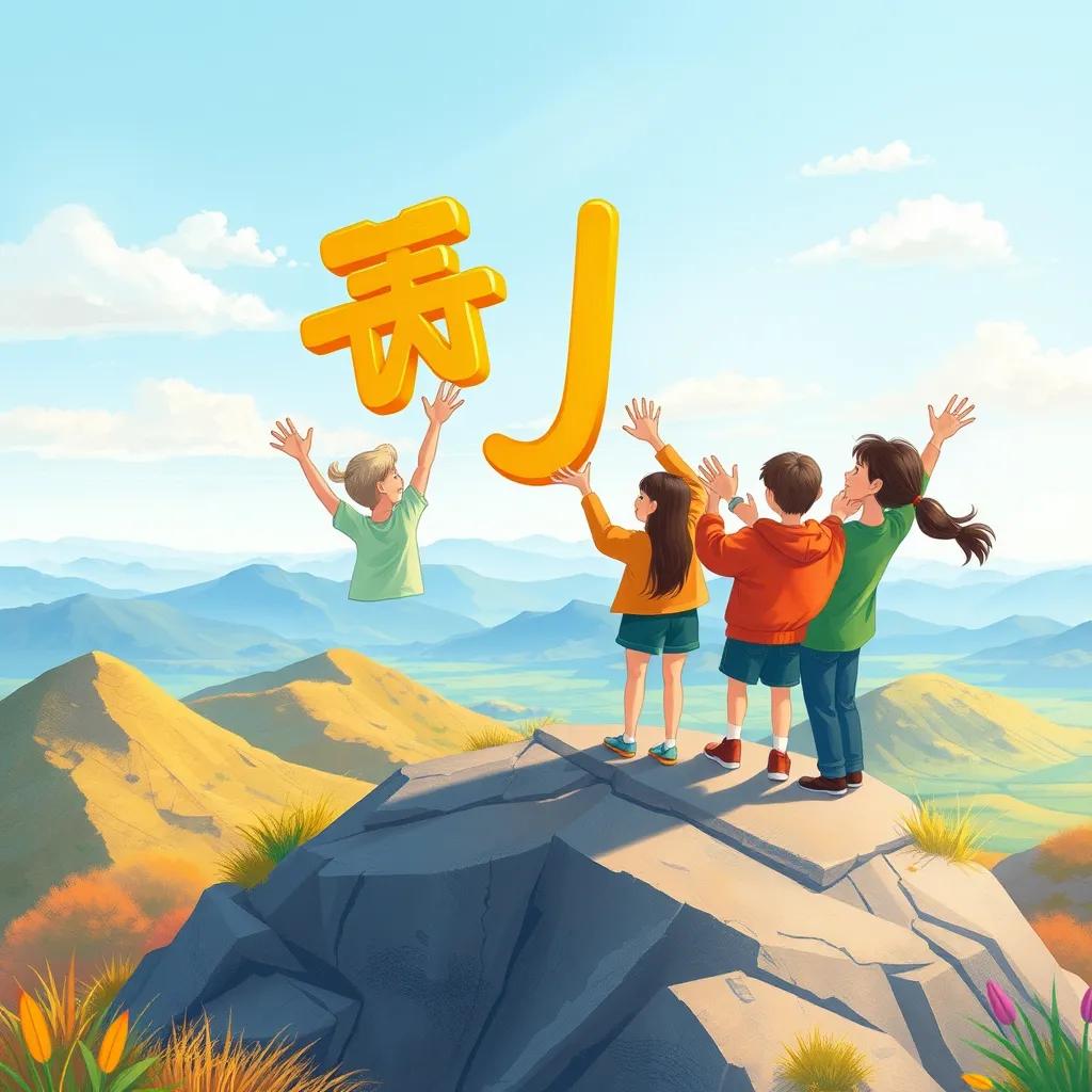 The letter 'م' and friends cheering at the mountain top, overlooking the landscape, colorful scenery, joyous celebration, cheerful feelings, illustration, high-quality