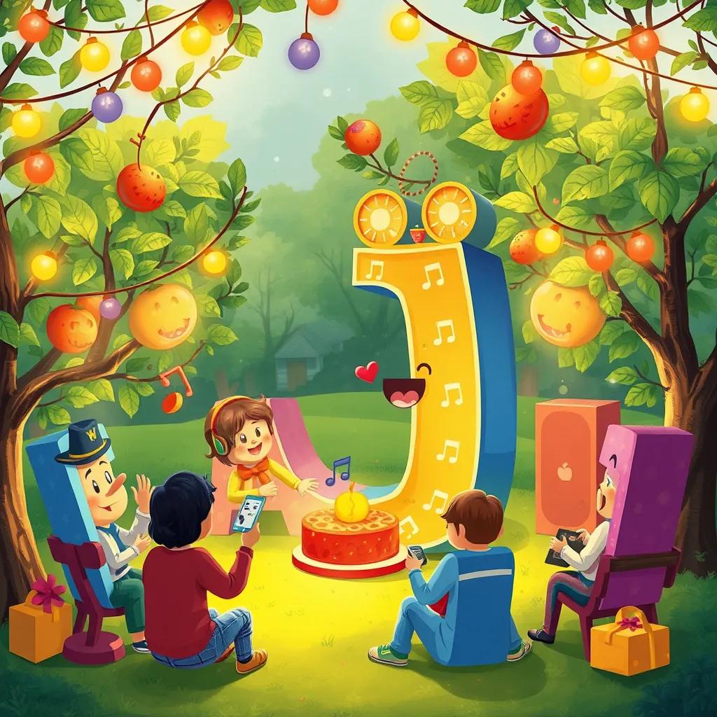 The letter 'م' hosting a festive party in the orchard, surrounded by happy letters, music, and games, colorful lights, joyful atmosphere, digital art, delightful