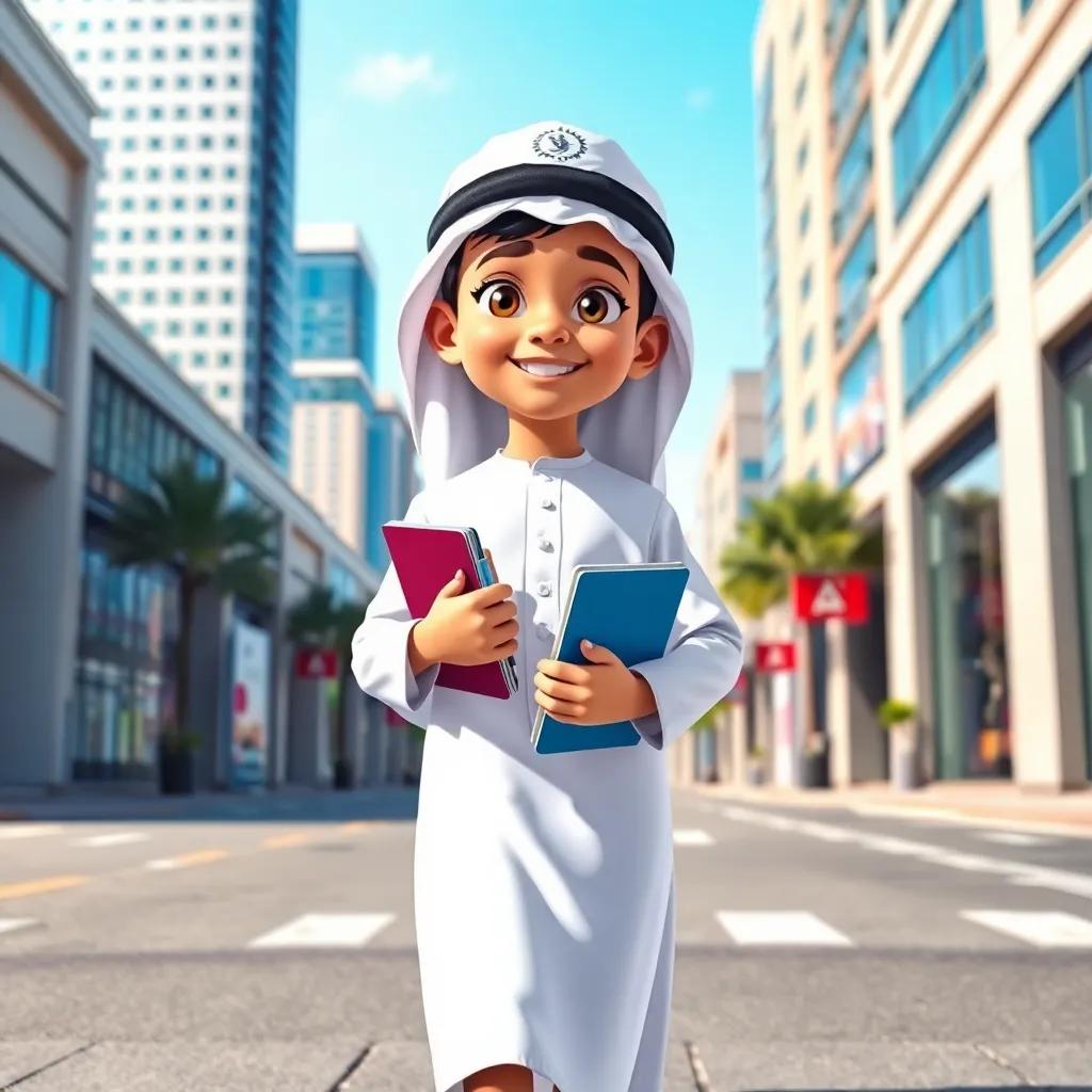 A young Qatari boy, Hamad, wearing a traditional Qatari thobe and a engineer hat, holding a notebook and pen, walking in a sunny city street surrounded by modern buildings, bright and cheerful, digital art, vibrant colors, high quality