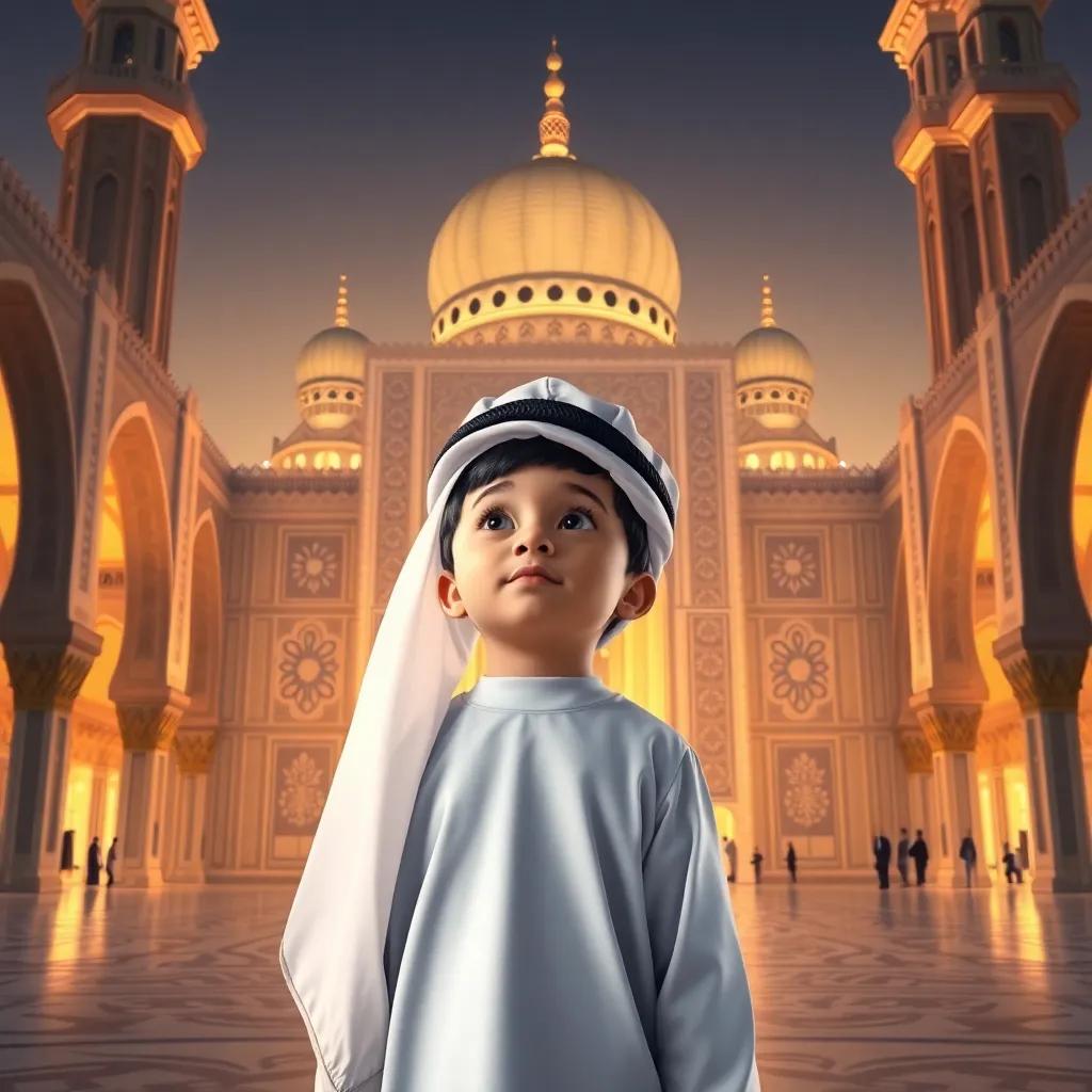 Hamad, a young Qatari boy in a thobe and engineer hat, standing in front of the Grand Mosque of Imam Muhammad bin Abdul Wahhab, amazed by its stunning Islamic architecture, digital art, detailed, warm light, majestic atmosphere, high quality