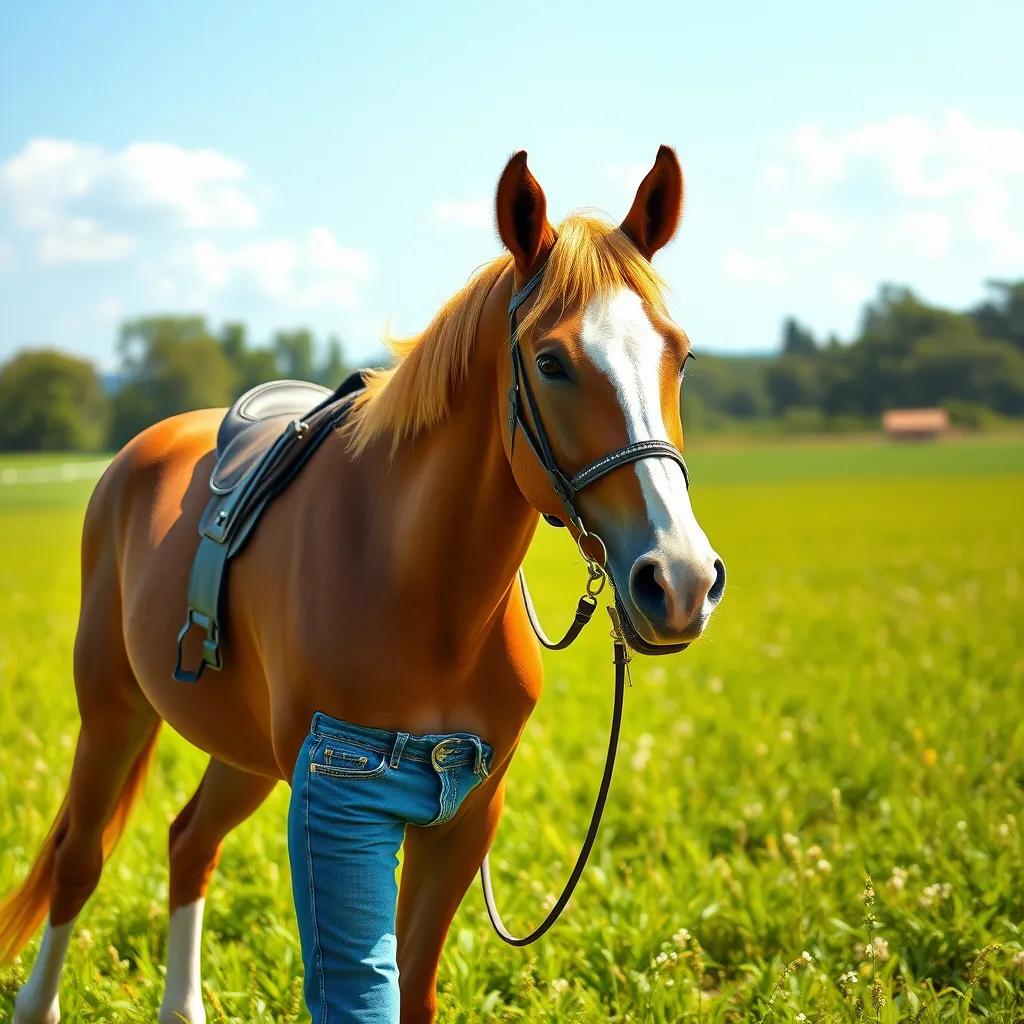 خالد، فتى عربي صغير، wearing jeans and a t-shirt, standing next to a beautiful horse named شيهانه, in a green field, bright sunny day, digital art, vibrant colors, cheerful atmosphere, high quality