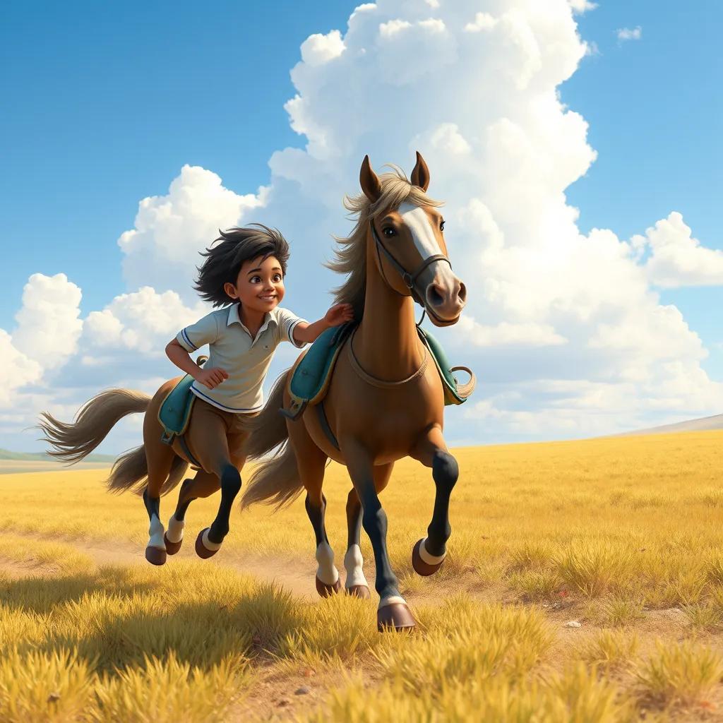 خالد وبندر، فتيان عربيان صغيران، wearing colorful shirts, running beside شيهانه, galloping across a wide field, blue sky with fluffy clouds, playful feel, digital illustration, joyful colors, adventure theme, high quality