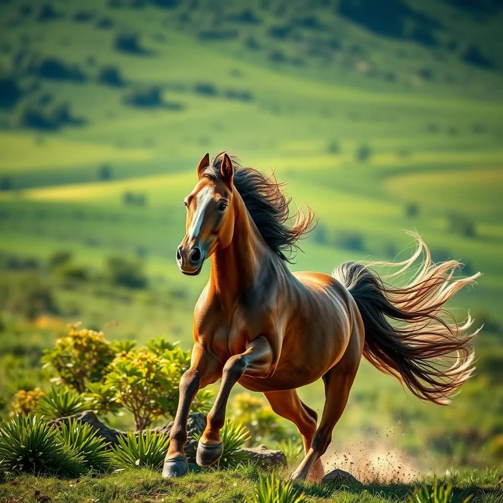 شيهانه، الفرس الجميلة, galloping swiftly, flowing mane, with خالد وبندر cheering from behind, in a lush green landscape, lively scenery, digital art, bright and lively colors, high quality