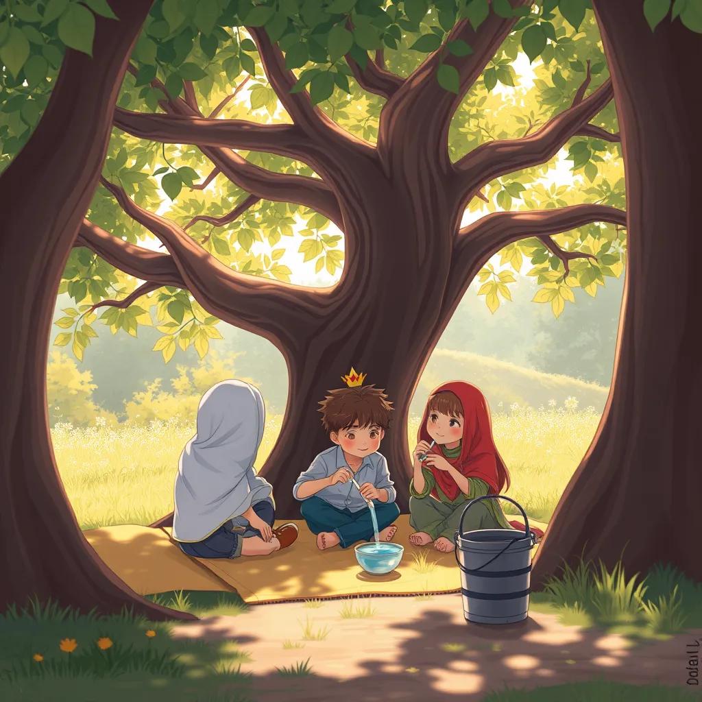 خالد وبندر، sitting under a big tree, with شيهانه beside them, enjoying a picnic and drinking water from a bucket, warm sunlight filtering through leaves, peaceful moment, illustration, friendly and inviting, high quality