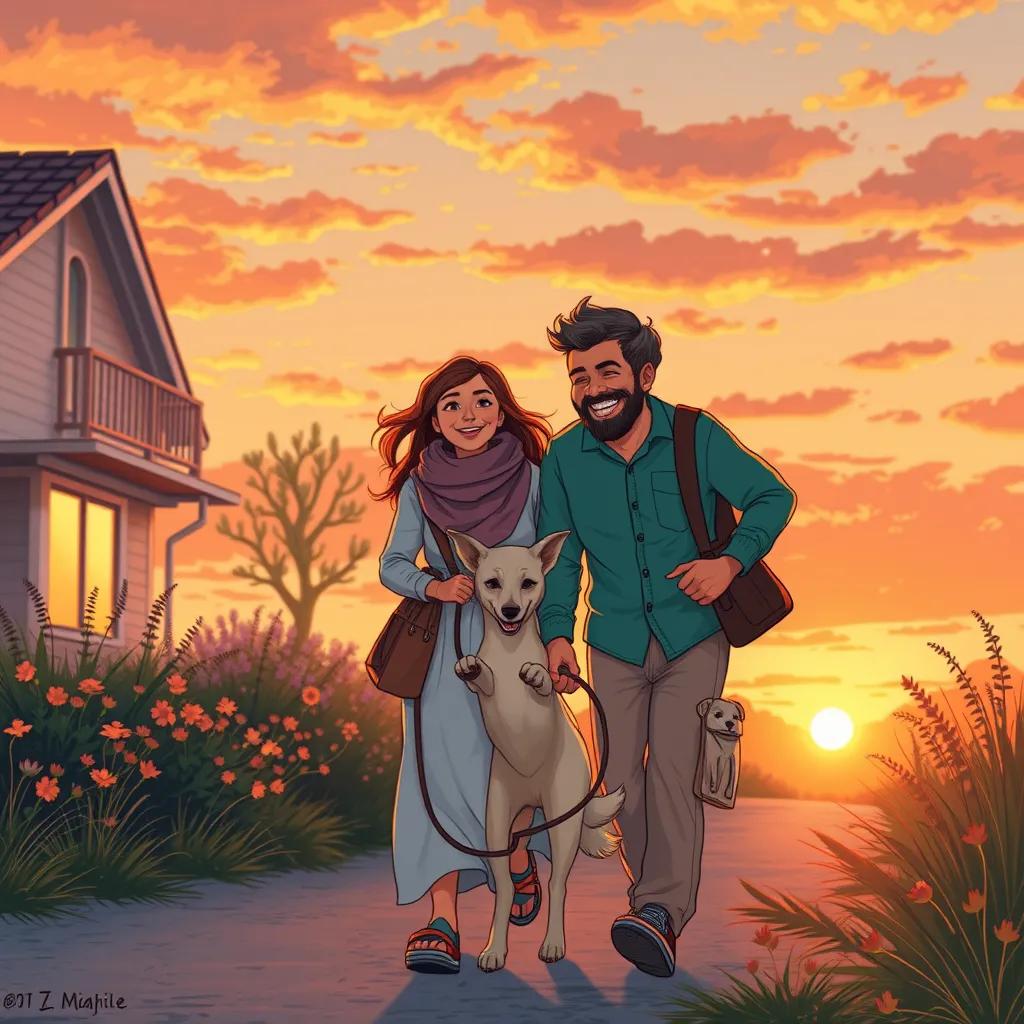 خالد وبندر، walking back home at sunset, smiling and laughing, with شيهانه trotting beside them, warm sunset colors, beautiful evening glow, heartwarming illustration, enchanting atmosphere, high quality