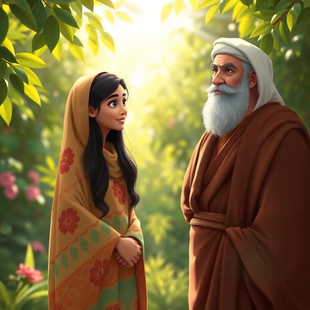 Khadijah, a young Arab woman, with long, dark hair wearing a colorful abaya, standing beside her cousin Waraka, an elderly Arab man with a white beard wearing traditional robes, in a lush garden, bright sunlight streaming through leaves, sharing the news about the Prophet Muhammad, cheerful and inspiring scene, digital painting, uplifting.