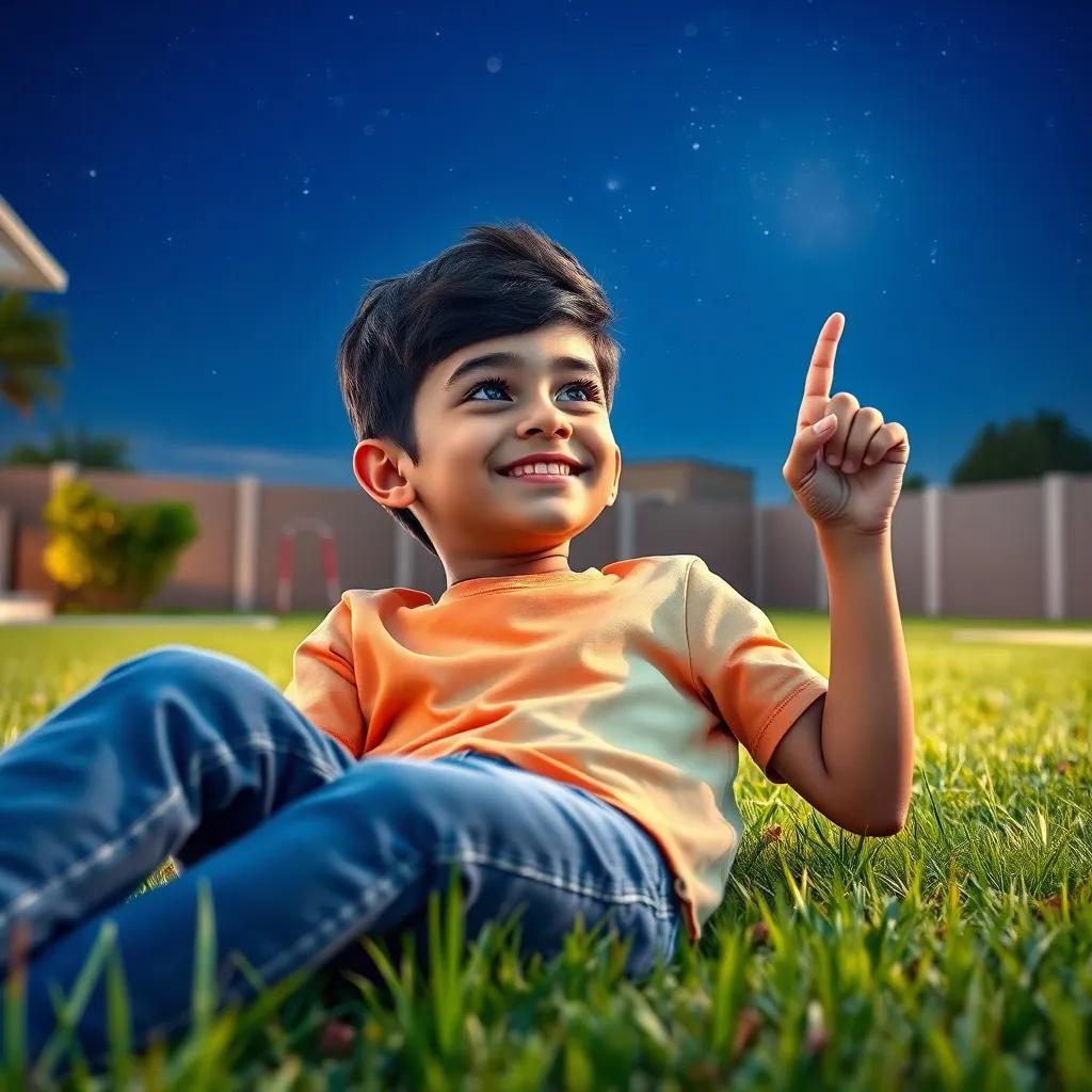 A young Arab boy, Khaldon, with short black hair, wearing a bright t-shirt and jeans, lying on grass in his backyard, stargazing and pointing at the sky, digital art, clear night, vibrant colors, joyful atmosphere, high quality
