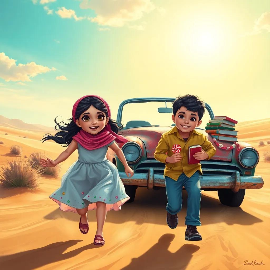 A sunny morning in a desert landscape with a cheerful young Arab girl, Dana, and a young boy, Saud, with bright eyes and smiles, running towards their grandpa, Rashid's old car, decorated with colorful candy and books, detailed digital art, warm colors, joyful atmosphere, high quality