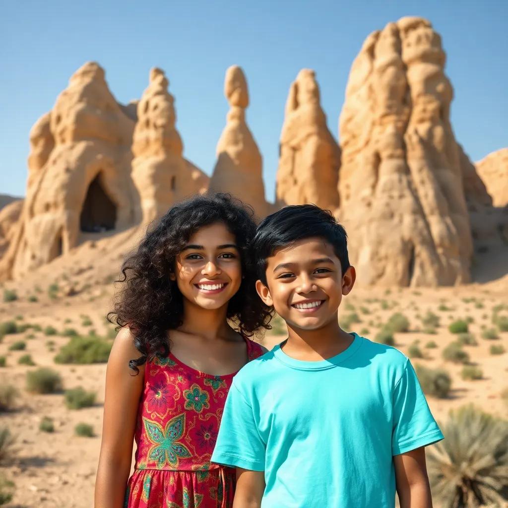 Dana, a young Arab girl, with dark, curly hair, wearing a colorful dress, and Saud, a young Arab boy, with short hair, in a bright t-shirt, standing in front of the famous mysterious rock formations of Al-Ula, smiling and taking pictures, vibrant colors, sunny day, cheerful exploration theme, high quality