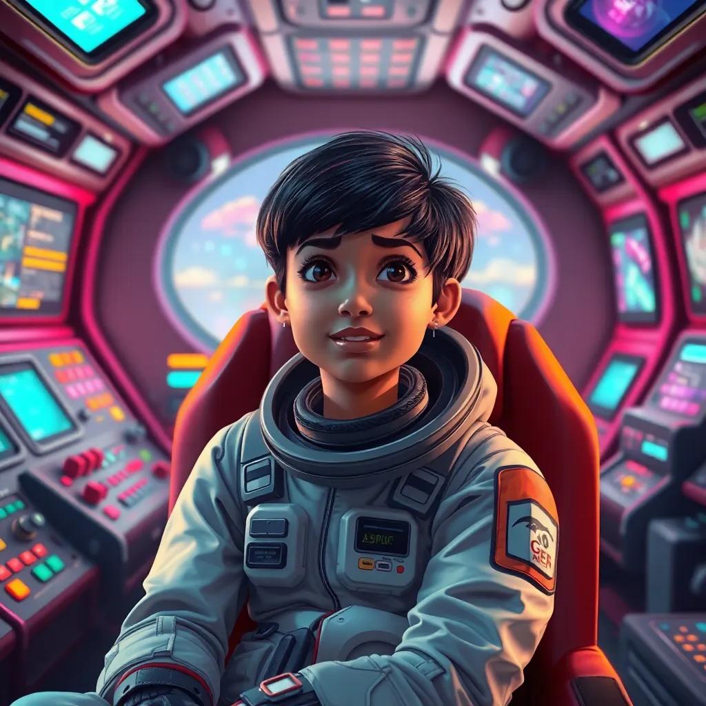 A determined Arab girl, a space explorer with short black hair, wearing a futuristic space suit, sitting in a spaceship filled with buttons and screens, looking at her friends with concern and joy, vibrant digital art, bright colors, dynamic atmosphere, high quality