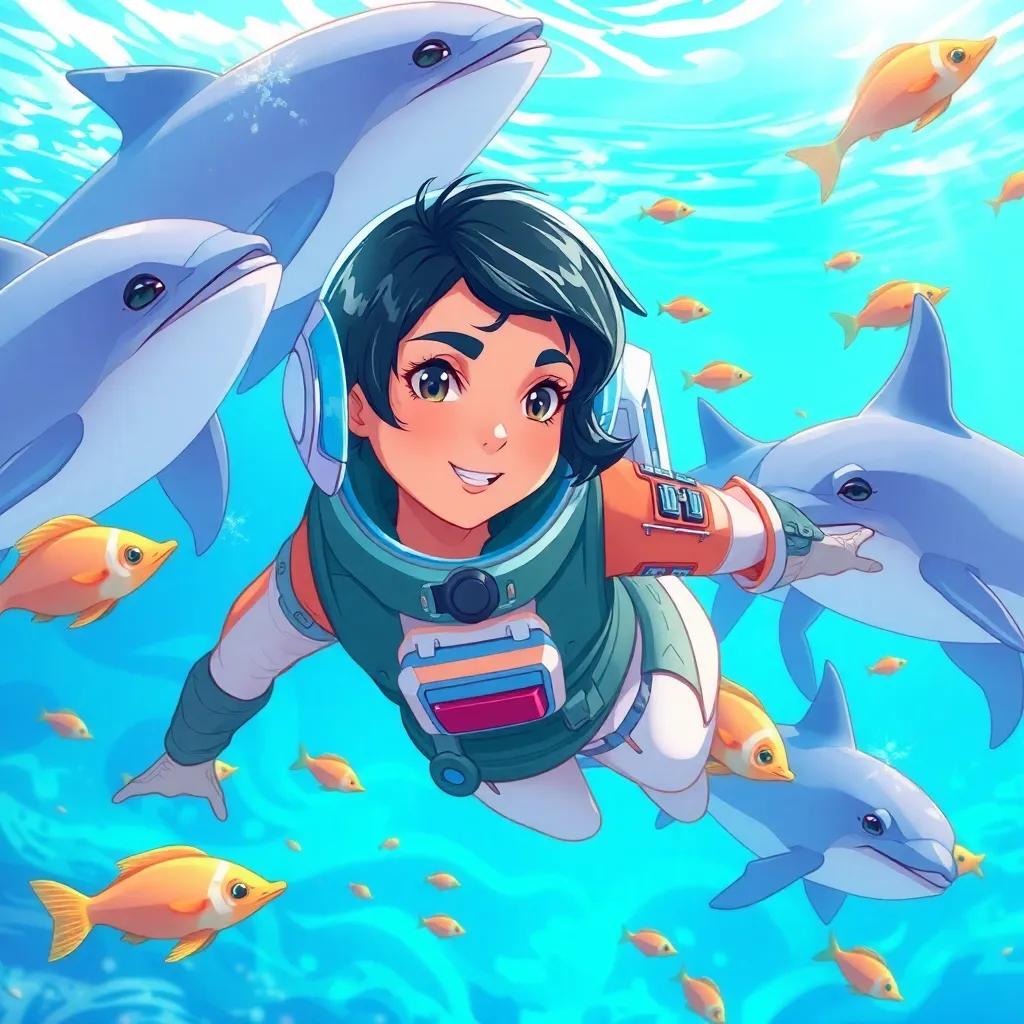 A determined Arab girl, a space explorer with short black hair, wearing a futuristic space suit, swimming among dolphins in a clear blue ocean, colorful fish swimming around, cheerful scene, bright sunlight, illustration, engaging and lively, high quality