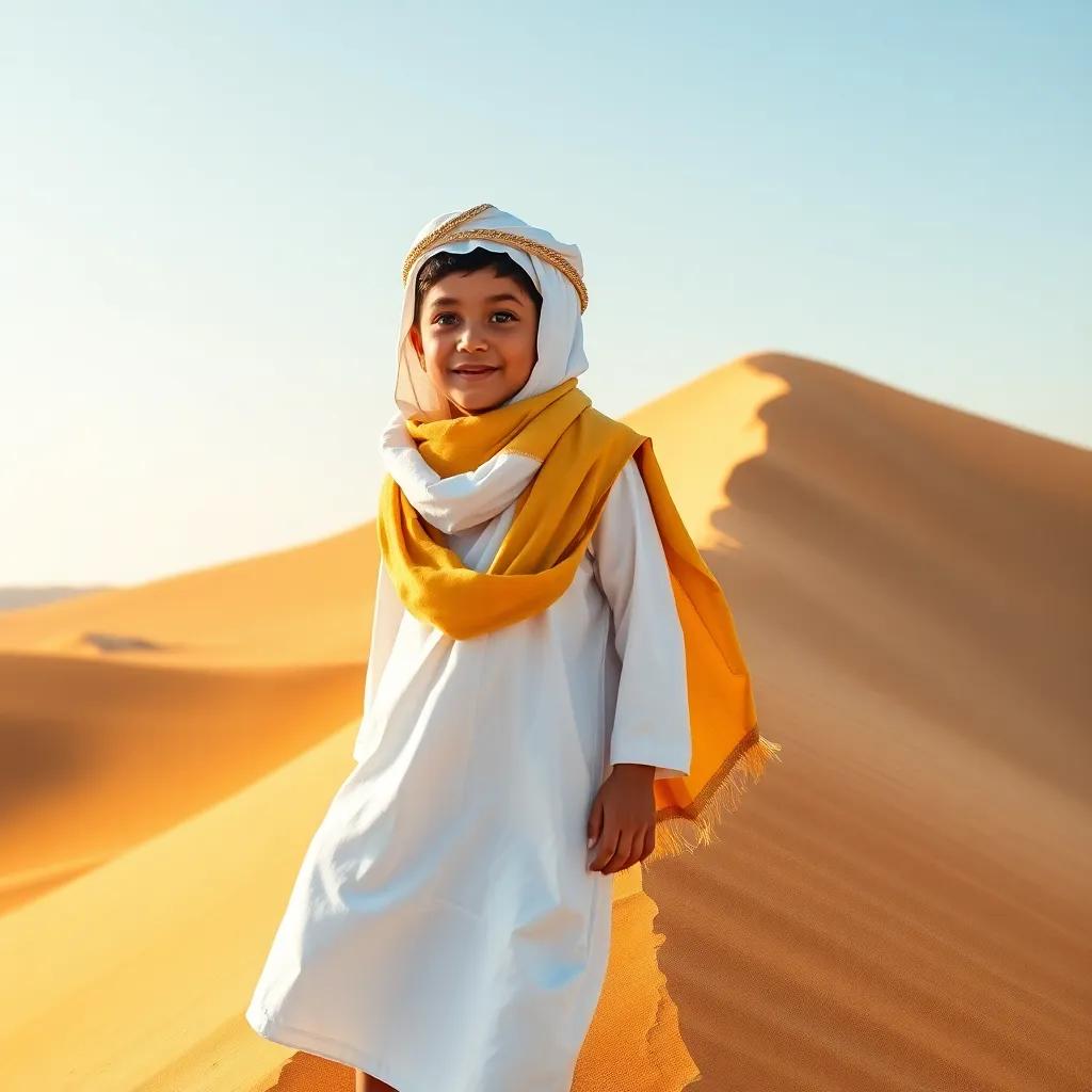 A young Omani boy, Rashid, wearing a traditional white dishdasha, with a golden scarf, standing atop a tall sand dune looking excited, golden sand dunes surrounding him, under a bright blue sky, digital art, warm colors, adventurous feel, high quality