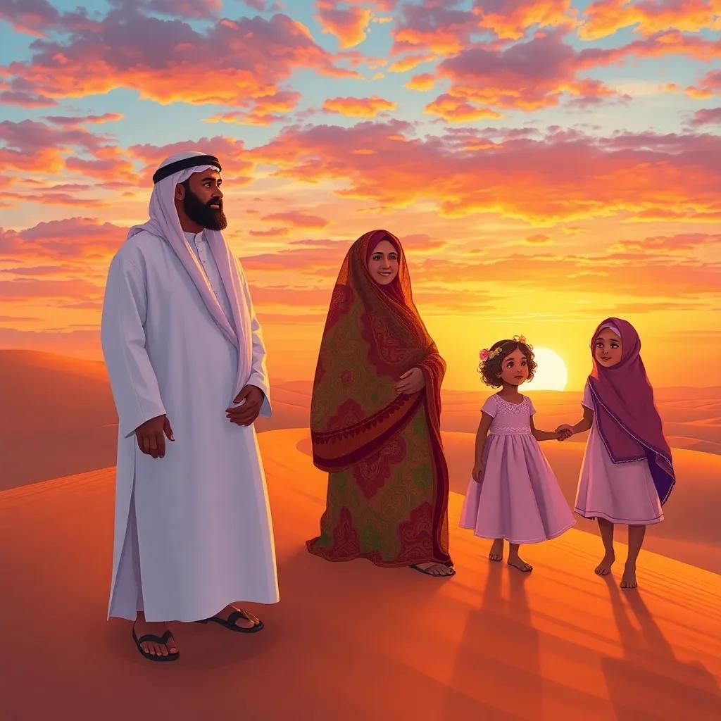 An Omani family, Rashid's family in traditional Omani attire, with his father in a white dishdasha, mother in a colorful abaya, and younger sister Mariam in a pretty dress, gathered together on a sand dune at sunset, with the sky filled with vibrant colors, watching the sunset, illustration, warm and inviting atmosphere, high quality