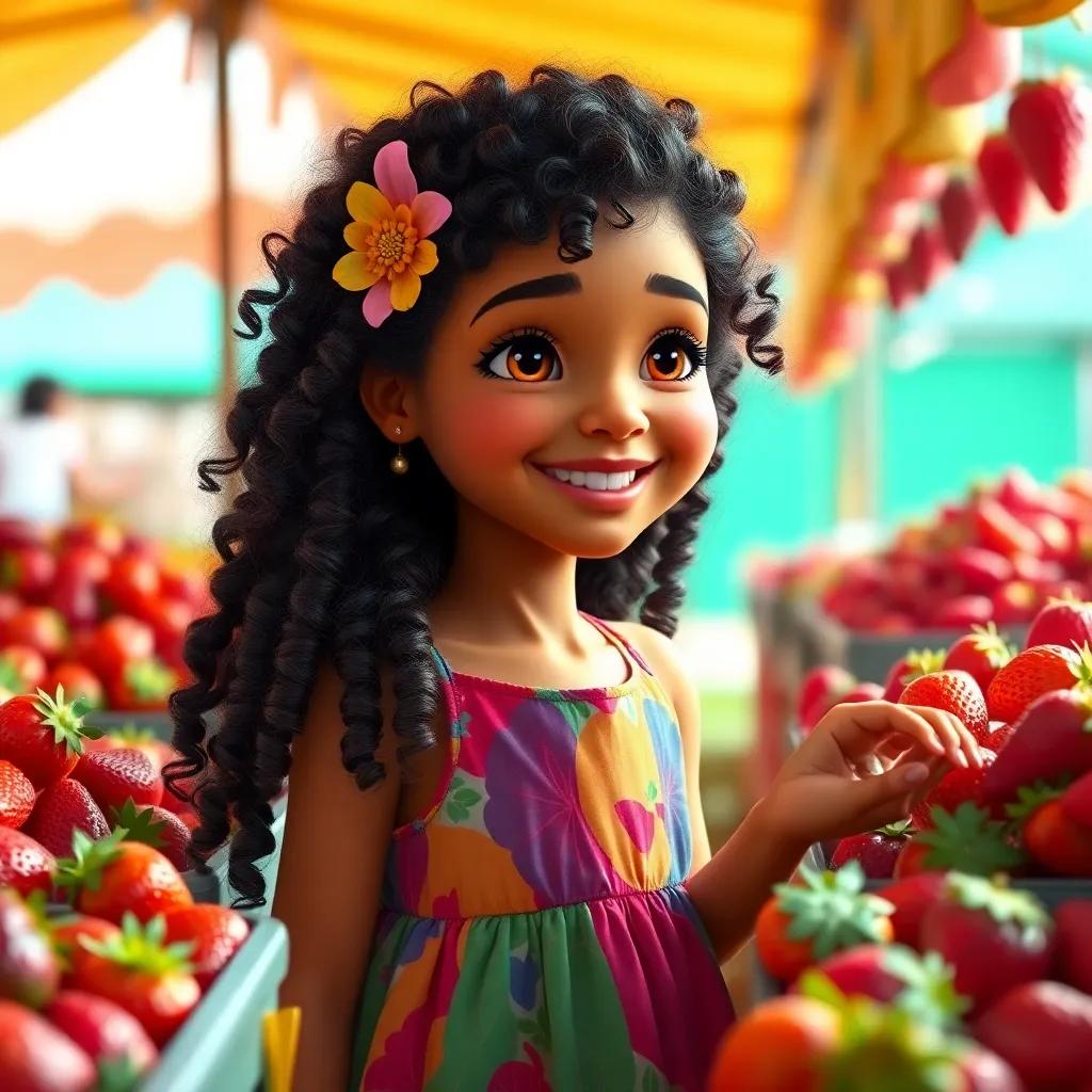 A joyful young girl, Rahiq, with long curly hair, wearing a colorful dress, looking at shiny strawberries in a market stall, bright sunlight, vibrant colors, warm atmosphere, cheerful mood, high quality