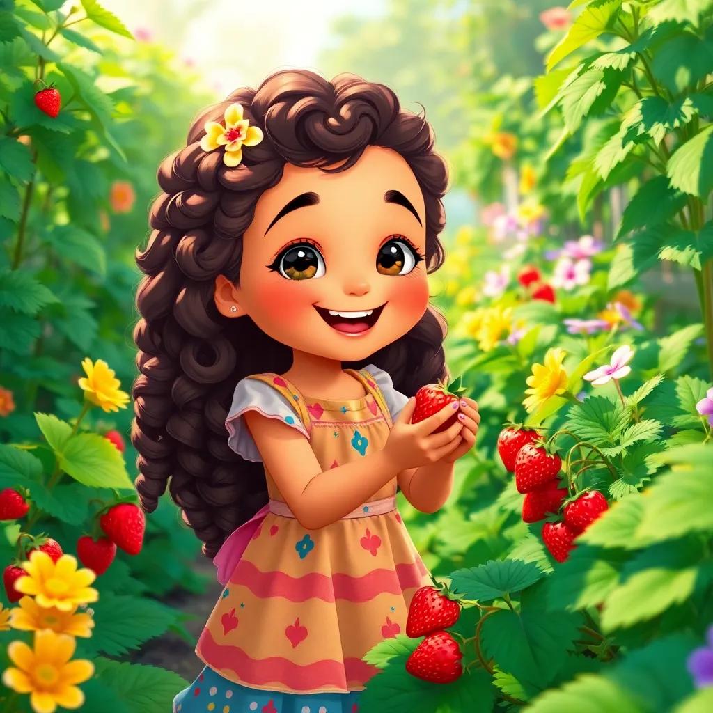 A happy young girl, Rahiq, with long curly hair in a colorful dress, happily picking strawberries in her garden, surrounded by green plants and flowers, bright sunlight, joyful and colorful, lively scene, high quality