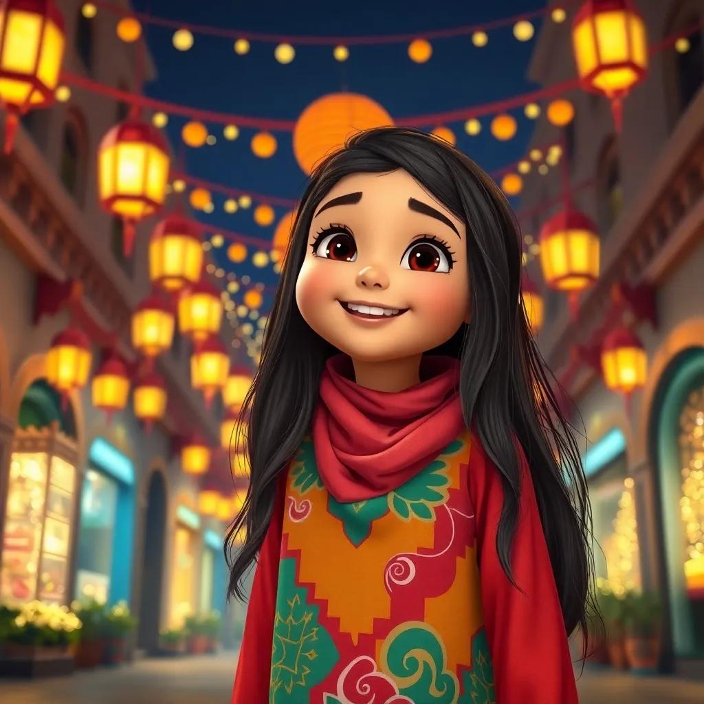 A young Arab girl, Leila, with long, dark hair, wearing a colorful abaya, standing excitedly in front of a decorated street with Ramadan lanterns and twinkling lights, digital art, joyful atmosphere, vibrant colors, high perspective, playful and heartwarming, stunning details