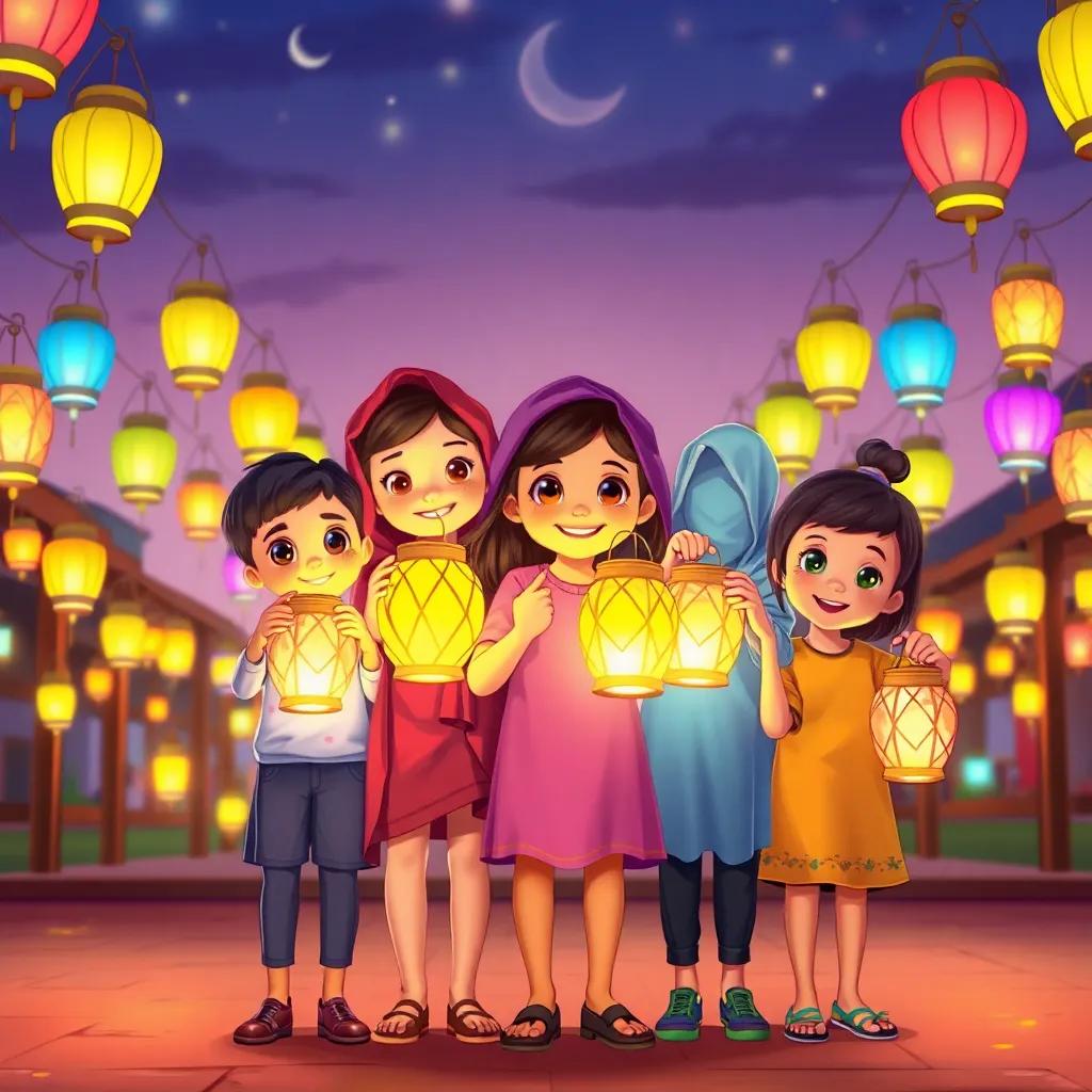 Children including Leila, with colorful lanterns in their hands, standing together on a warm evening, with smiles in their eyes, surrounded by glowing Ramadan lanterns of all colors, illustration, cheerful atmosphere, colorful, inviting, joyful perspective, high quality
