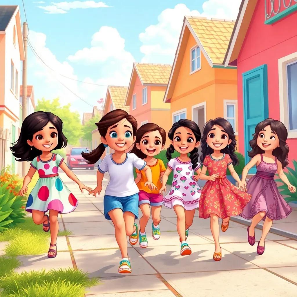 A sunny day in a vibrant neighborhood, a group of young girls playing together: Ranooma, a young Arab girl with long hair in a colorful dress, Talin with short hair in denim shorts and a t-shirt, Jilan with a ponytail in a bright top, Eileen with curly hair wearing a playful outfit, Zuzu with braided hair in a cute skirt, Jana with wavy hair in a cheerful dress, and Lulwa wearing a floral outfit, all laughing and running around, illustration, cheerful atmosphere, bright colors, child-friendly