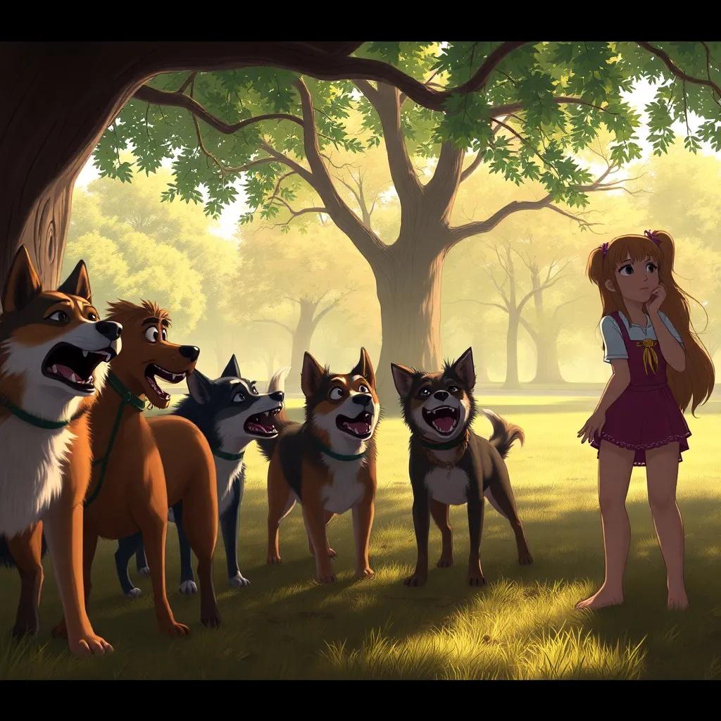 A tense moment in a park, a pack of fierce dogs barking and approaching the group of girls hiding under a large tree, Ranooma looking worried, while Eileen whispers a plan, with the background showing a sunny park, detailed illustration, dramatic lighting, warm colors, involving atmosphere