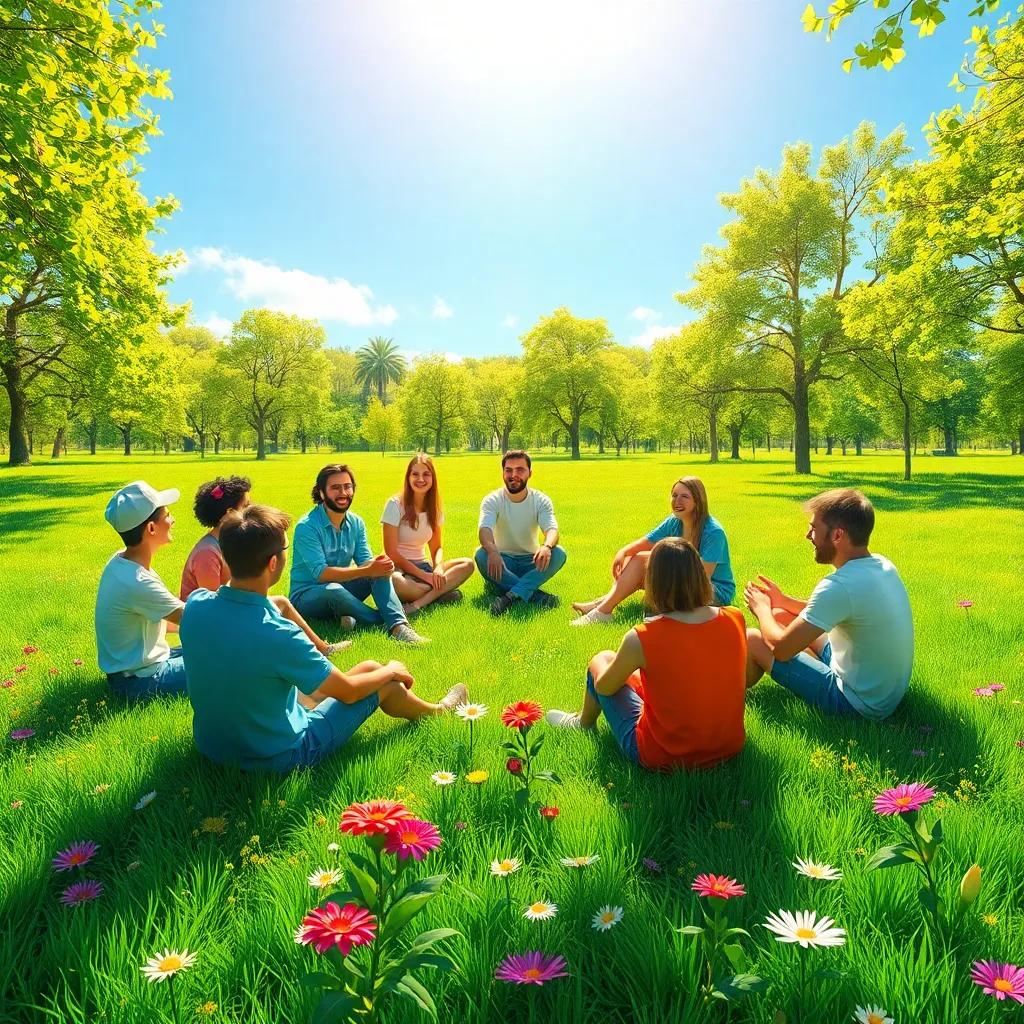 A sunny park, with seven friends sitting in a circle on green grass, Ali excitedly sharing ideas, bright flowers around, digital art, cheerful colors, lively atmosphere, high quality