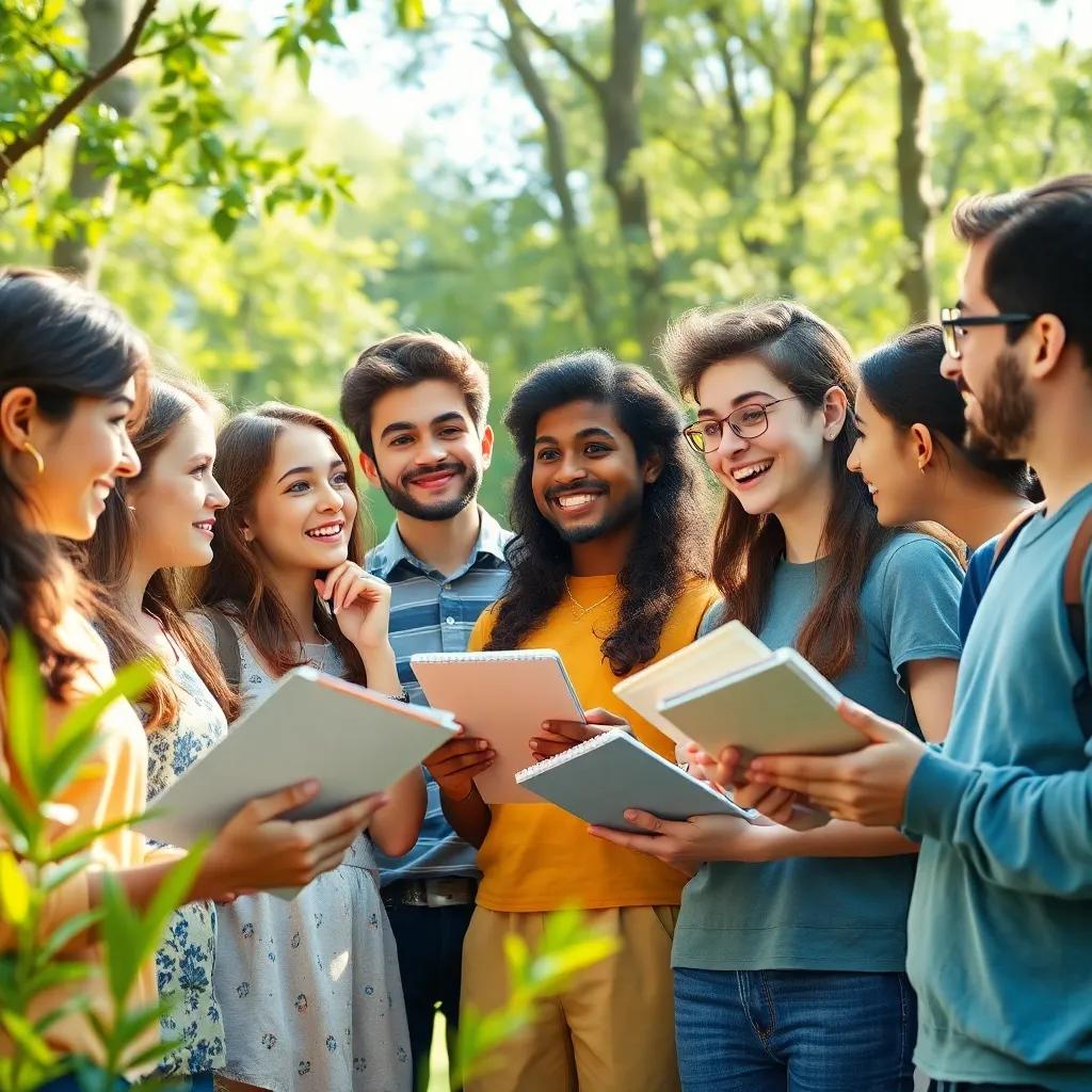 Group of enthusiastic friends brainstorming ideas with nature around, everyone with thoughtful expressions, sketchbooks in hand, sunlight filtering through trees, illustration, vibrant, inspiring mood, child-friendly