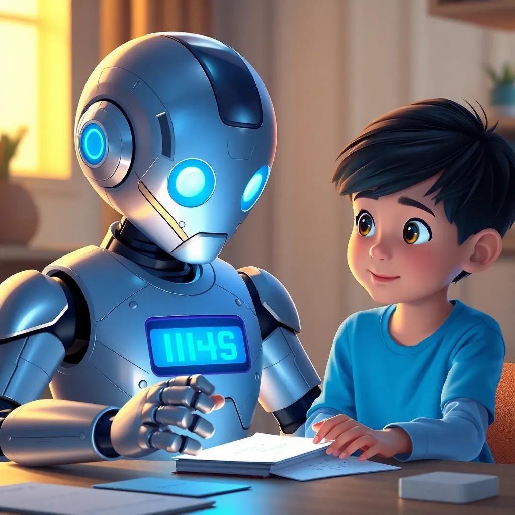 Robo the robot, with shiny metallic skin and digital display, sitting with Yasser, a young boy with dark hair wearing a blue shirt, solving math problems together, warm light, educational atmosphere, illustration, high quality