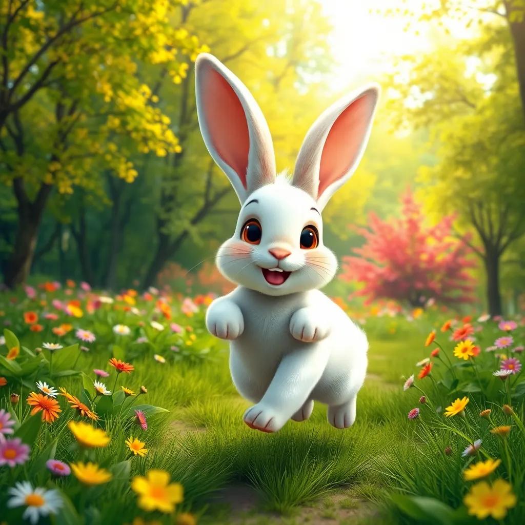 A happy rabbit named Ronak, with soft white fur and big floppy ears, hopping in a lush green forest filled with vibrant trees and colorful flowers, bright morning light, cheerful atmosphere, digital art, high quality