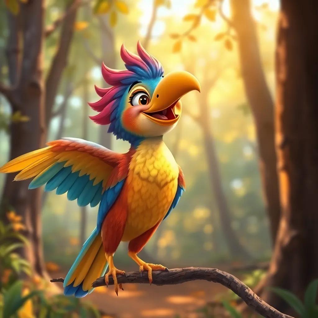 A cheerful bird named Farfour, colorful with bright feathers, landing next to Ronak, speaking with a friendly smile in a sunny forest, detailed illustration, lively and inviting, warm colors